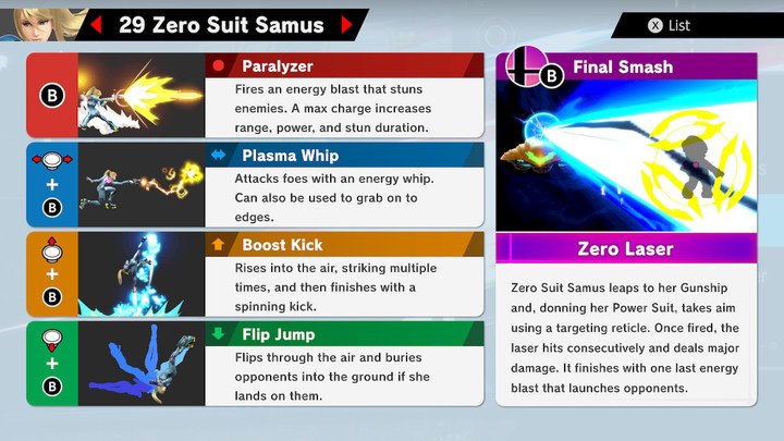 Zero Suit Samus Super Smash Bros Ultimate Unlock Stats Moves